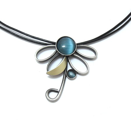 Blue Two-tone Flower Necklace w/Black Leather - Click Image to Close